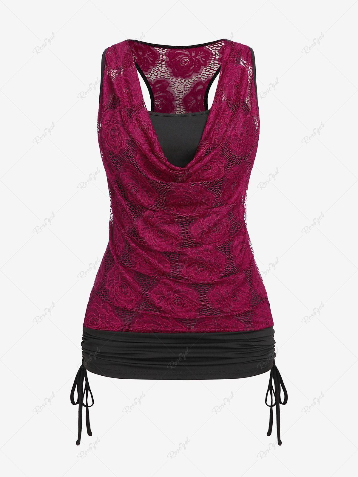 Plus Size Cowl Neck Cinched Rose Lace Tank Top - M | Us 10