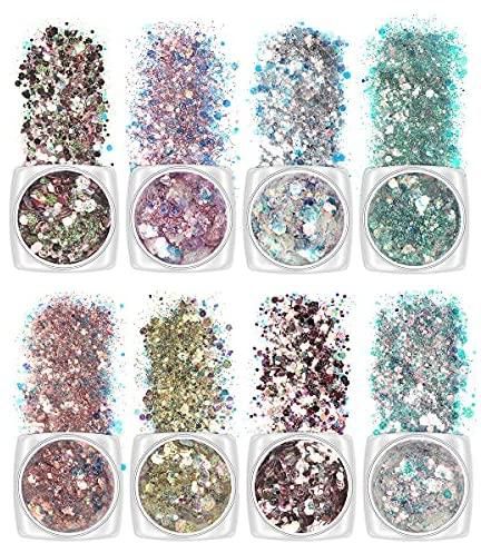 Sagreeny Holographic Nail Glitter Flakes, Nail Sequins Decoration Mermaid Flakes Shiny Charms Nail,Art Pigment Sparkle Tips 3D Manicure Supply Set(8 Boxes)