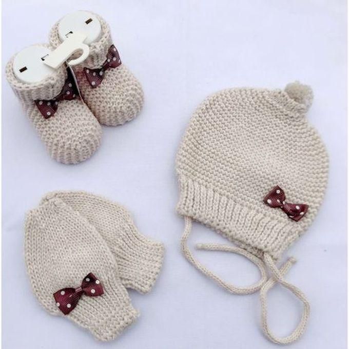 Set Of Knitted Cap, Baby Booties & Baby Gloves