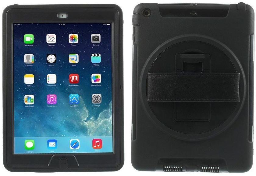 iPad Air - Heavy Duty PC and TPU Hybrid Case Hand Strap and 360 Rotary Stand-Screen Protector-Black