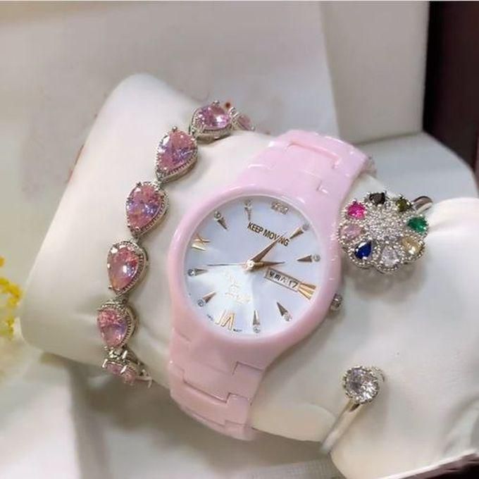 Keep Moving Super Exotic Crystal Pink Classic Digital Exotic Ladies Watch +2 Lovely Bracelet