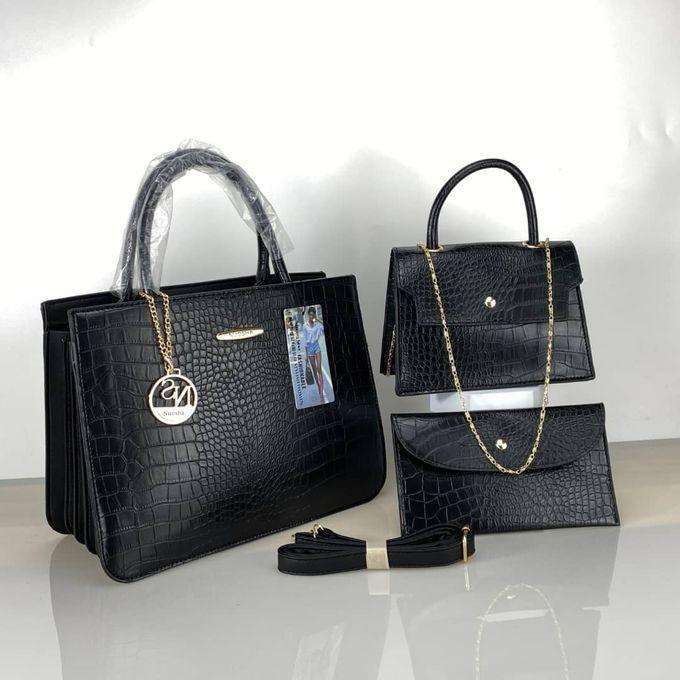 3 In 1 High Quality Leather Office Ladies Handbag-Black