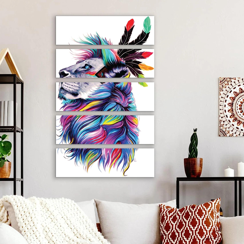 3 Piece LionCanvas Wall Art Painting Cute Wild Boho Animal Lion Portrait with Feathers Watercolor Perfect for Nursery Home Decorative Artwork Prints Mounted on 5mm Board Ready to h