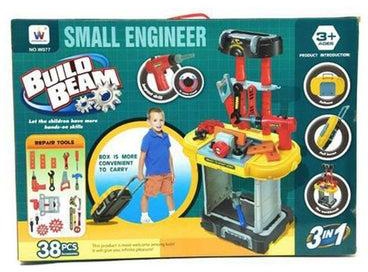 Small Engineer Built Beam Workshop Playset With Travel Luggage Trolley 38Pcs