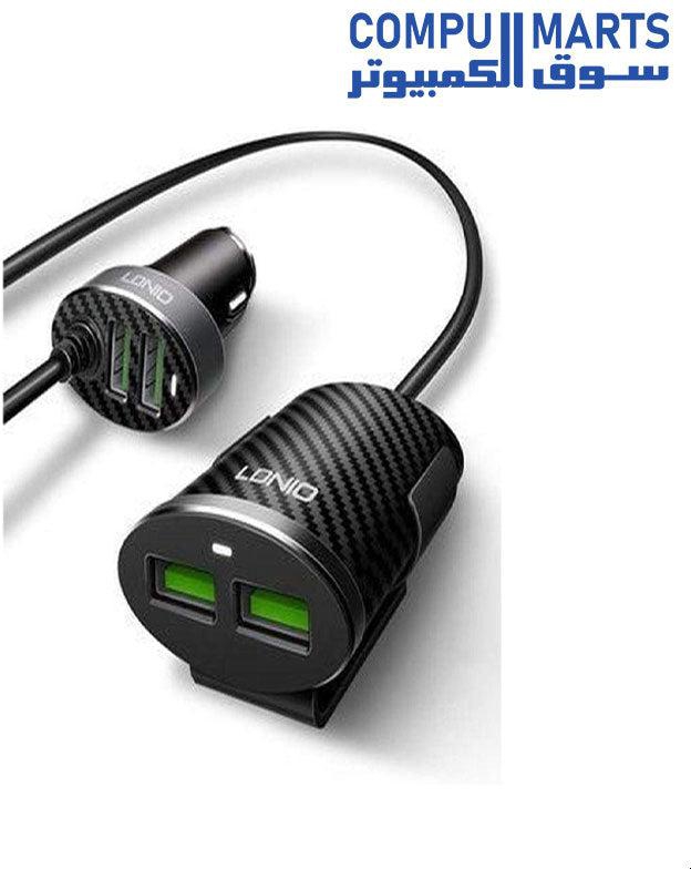 LDNIO C502 4 High Speed USB Car Charger With Extension Cable For Front