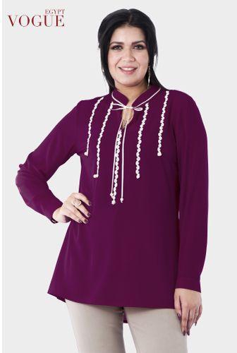 Smoky Egypt Long Sleeves Crepe Blouse With Lace-Purple