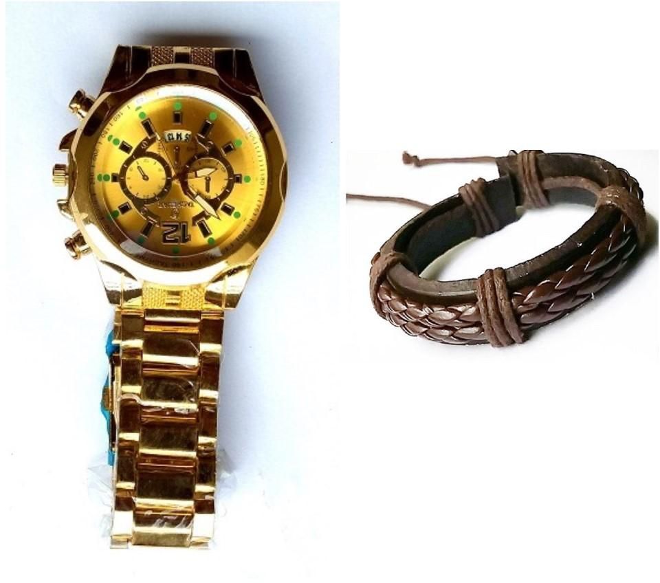Unisex Gold Tone watch with brown leather bracelet