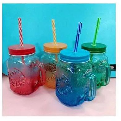 Mason Glass Jar Smoothie Cup With Cover And Re-Usable Straw