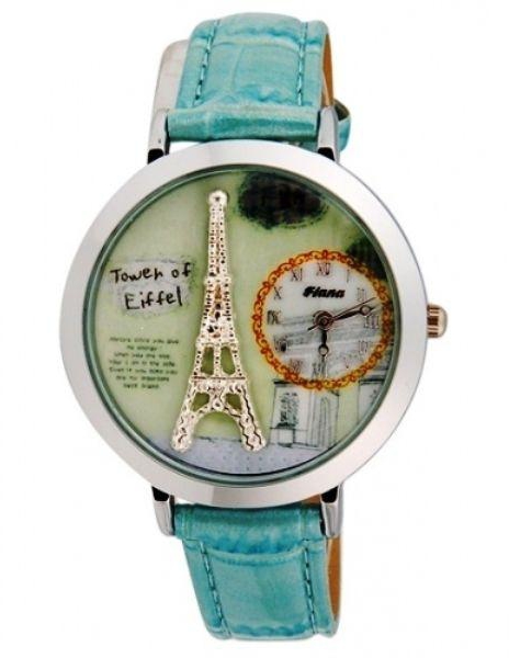 Blue Eiffel Tower Round Dial Leather Quartz Wrist Watch Women's