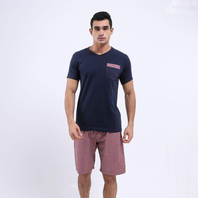 Kady Solid Cotton T-Shirt With Tartan Pants - Navy Blue & Red