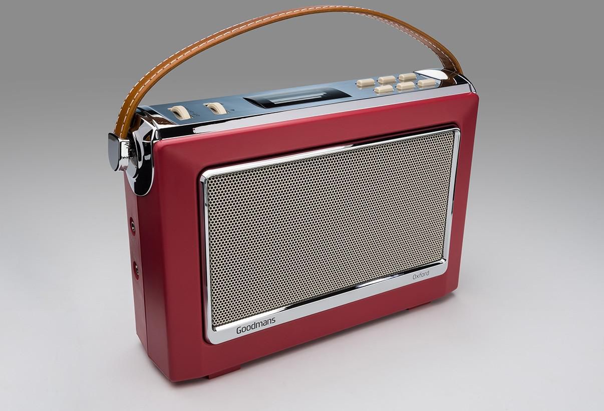 Goodmans Oxford II Classic Style Portable Bluetooth Speaker with Radio, NFC, Headphone Socket, Aux In Berry Red