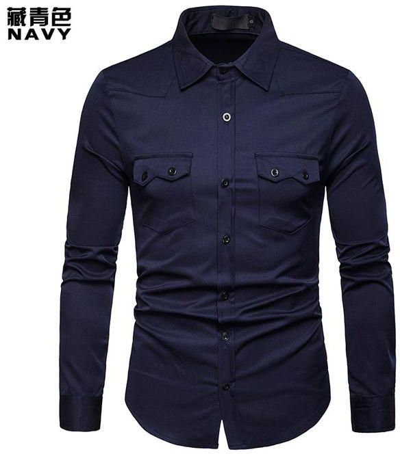 Fashion Men's Business Lapel Casual Long Sleeve Shirt-navy Blue