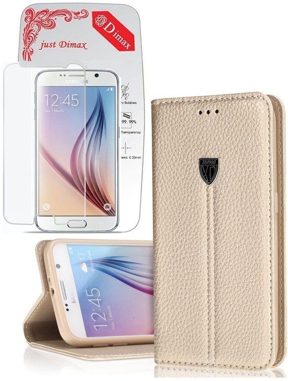 Slim  Flip Leather  Case  / Gold  For Samsung Galaxy S6  & Dimax Tempered Glass Screen Protector