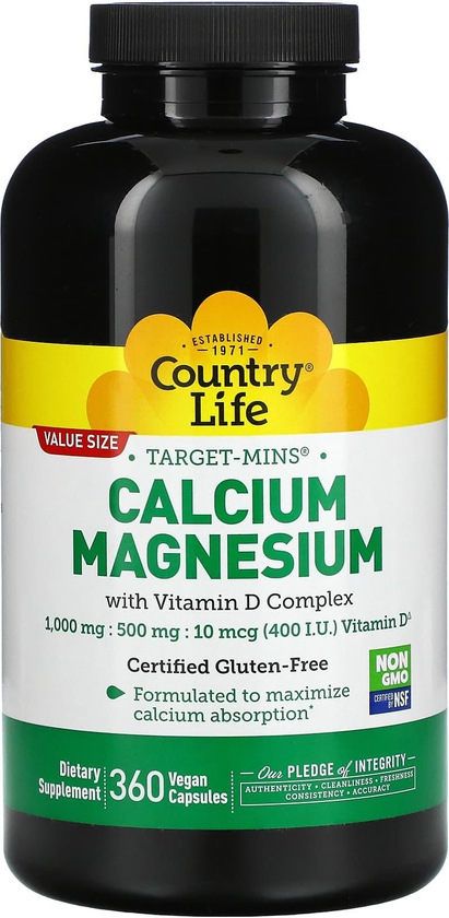 كونتري لايف‏, المكمل الغذائي Target-Mins الغني بالكالسيوم والمغنيسيوم، مع فيتامين د المركب، 360 كبسولة نباتية