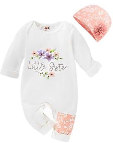 Baby Girl Clothes, Newborn Baby Girl Little Sister Onesie Romper Bodysuit with Floral Hat, Adorable Infant Floral Overall Sleepsuit, Fits 6-9 Months, Cute Baby Outfit Set