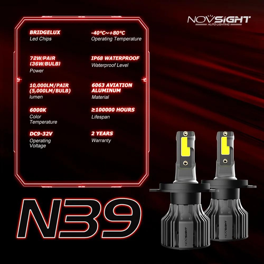 NOVSIGHT Car Headlight Led H4 H1 H3 H7 H11 H8 H9 9005 9006 9007 9012 Fog Light Bulbs 72W 10000LM 6000K Car Auto Headlamps