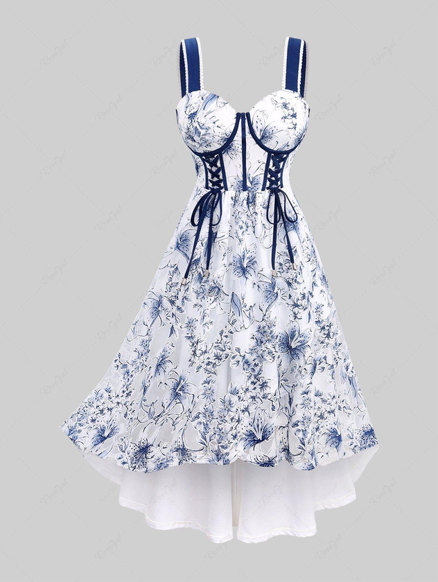 Plus Size Lace-up Flowers Print Lace Trim Straps High Low Tank Dress - 2x | Us 18-20