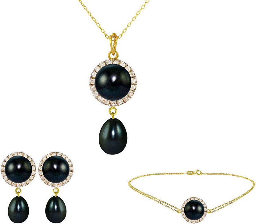 Vera Perla 18K Gold with Black Pearl Diamond Jewelry Set - 3 Pieces