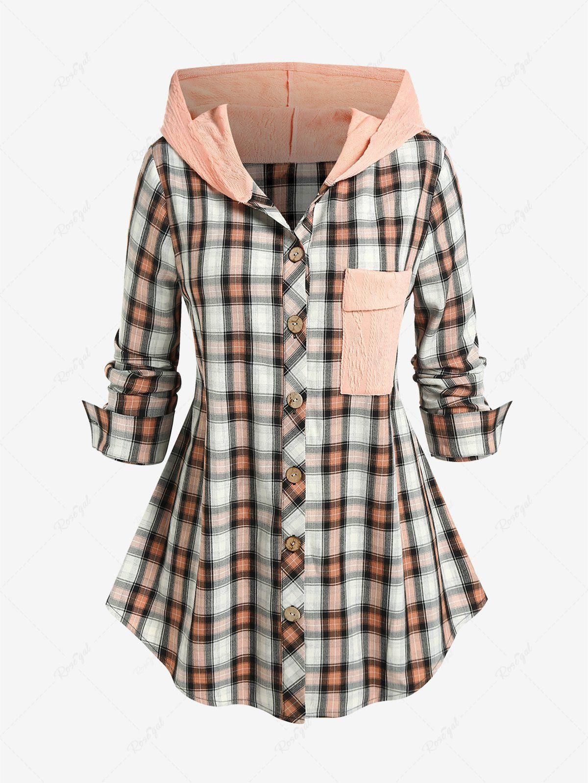 Plus Size Plaid Colorblock Textured Hooded Shirt with Pocket - 1x | Us 14-16