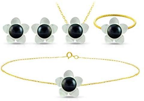 Vera Perla 18K Yellow Gold Flower Shape with Black Pearl Jewelry Set - 4 Pieces