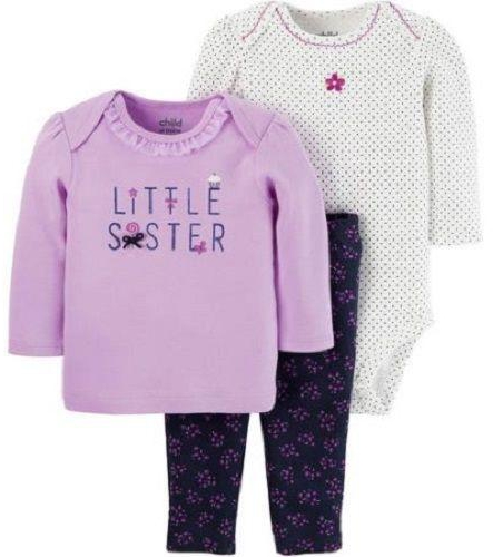 Child Of Mine By Carter'S Baby Girl Long Sleeve Little Sister Shirt, Bodysuit, And Pants 3 Set- Lilac