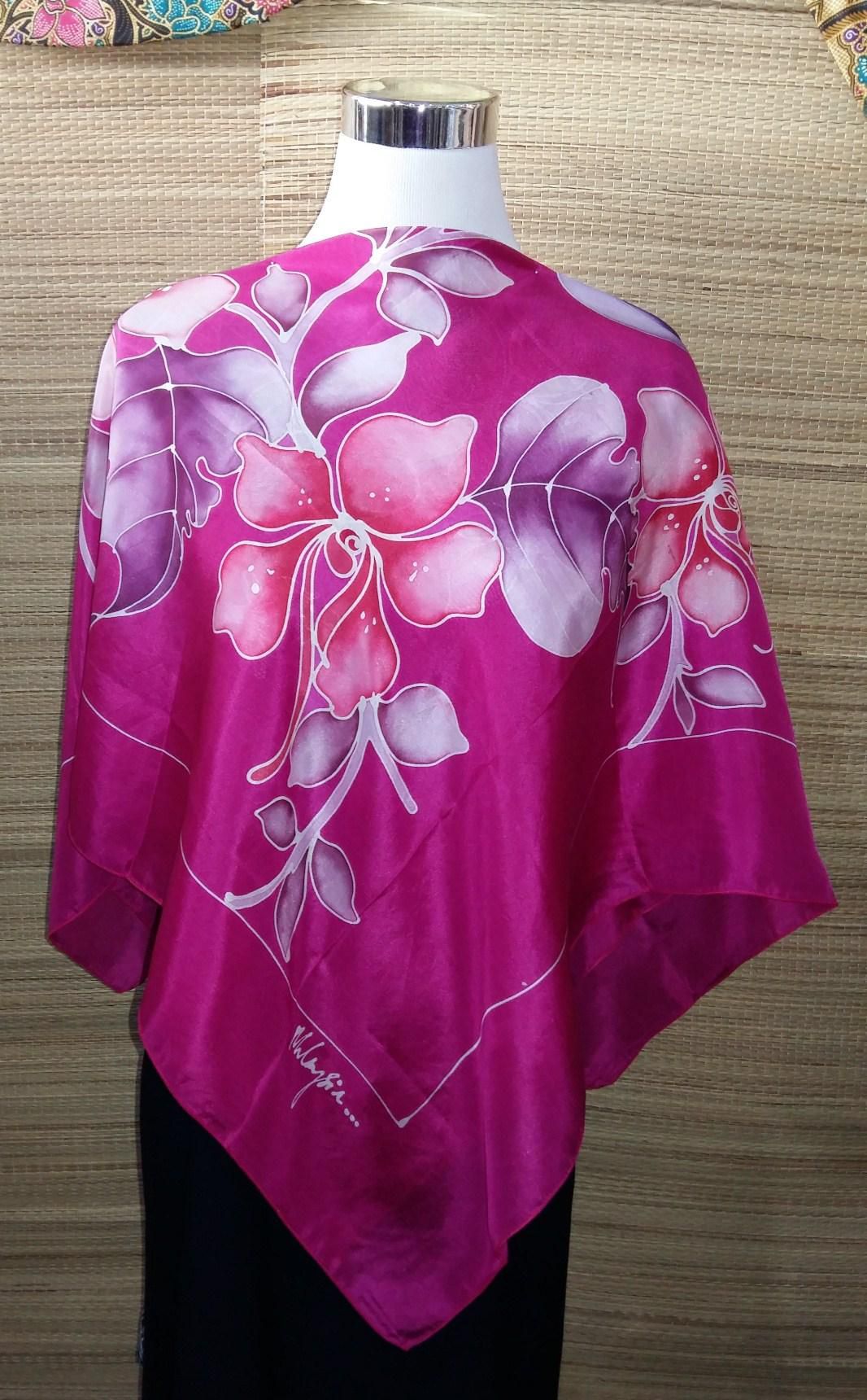 Batik Silk Scarf-100%Handmade - Hand Drawn-100%Genuine Silk (Purple)