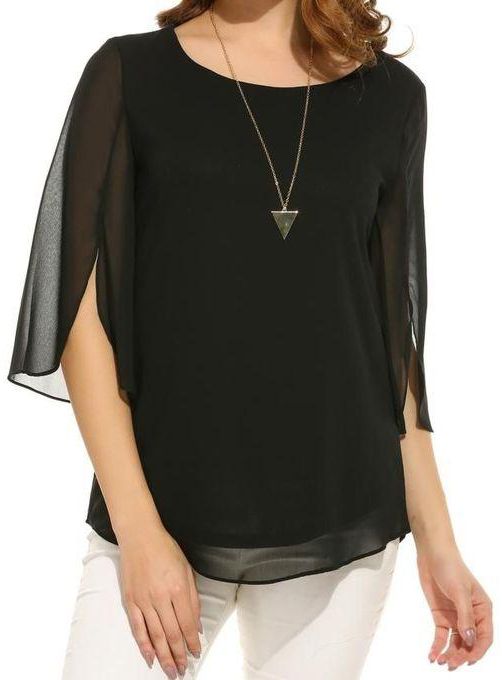 Sunshine Women Casual 3/4 Sleeve O Neck Solid Loose Pullover Chiffon Blouse-Black