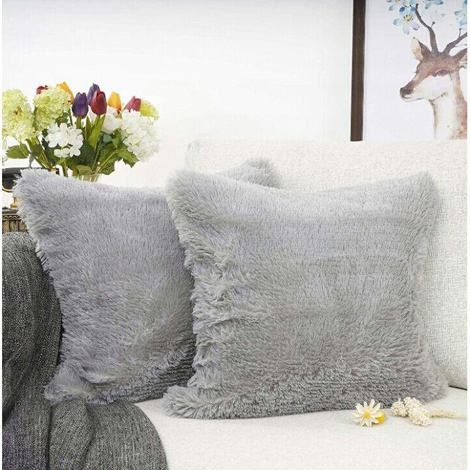 2PC Throw Pillows and Fluffy Pillowcases 18'' x 18''  - Grey