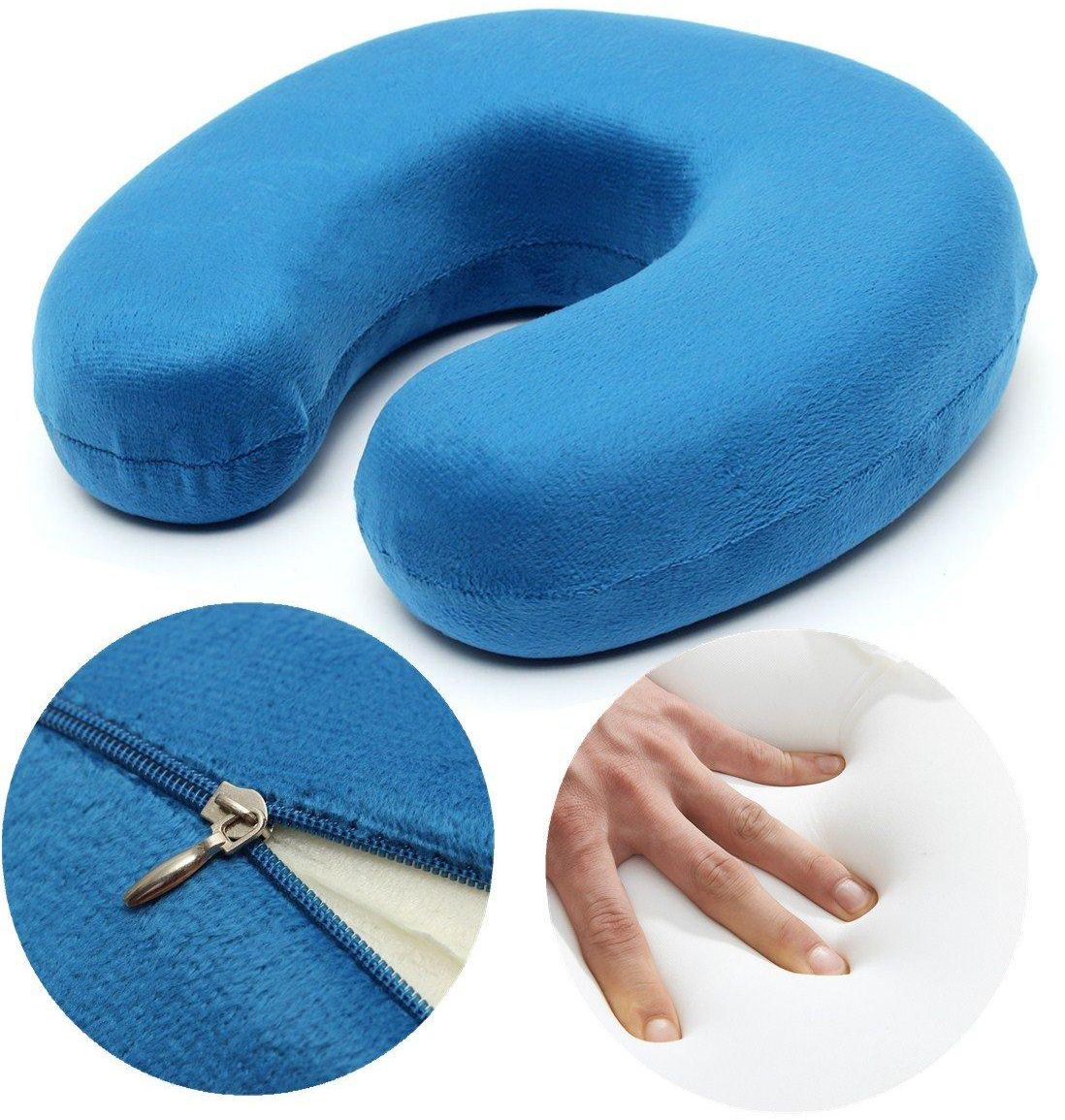 Blue Soft Velour Memory Foam U Shape Pillow Comfort Washable Neck Support Travel Cushion