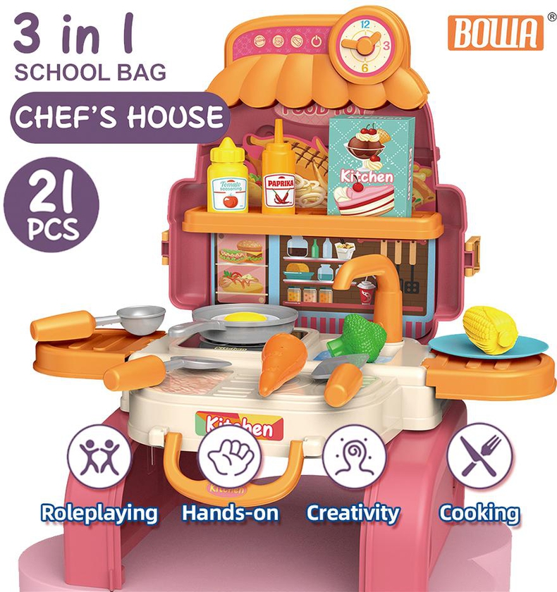 3 in 1 BOWA School Bag Chef's House Set Pink Suitcase Pretend Play 8111AP