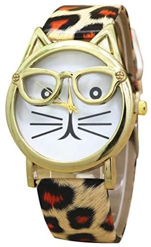 ساعة يد للنساء - ساعة يد بتصميم جلد الفهد، ساعة كوارتز بتصميم كرتوني جميل بتصميم كاواي وسوار من جلد البولي يوريثين
