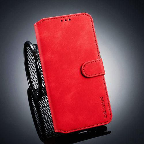 DG.MING Retro Oil Side Horizontal Flip Case For OnePlus 6T, With Holder & Card Slots & Wallet (Red)