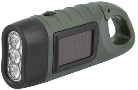 Generic Hand Held Crank Dynamo Solar Power Rechargeable LED Flashlight 3-LED Army Green