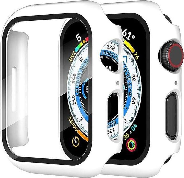 Hard Case Compatible with iWatch 45mm Series 8/7 with Tempered Glass Screen Protector, Ultra-Thin Rugged Protective Cover for iWatch 45mm (White)