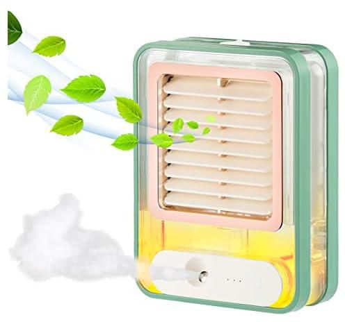 Small Desk Fan with Mist Spray,LED Night Light,Electric Battery Operated Water Misting Fan,USB Rechargeable Portable Quiet Mini Desktop Table Cooling Fan for Office,Camping,Indoor,Outdoor (Green)