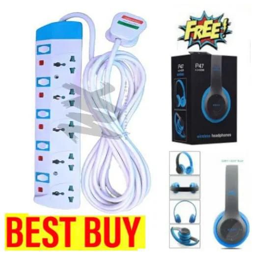 Power King 5 Way Power Extension - White & Blue + FREE GIFT.