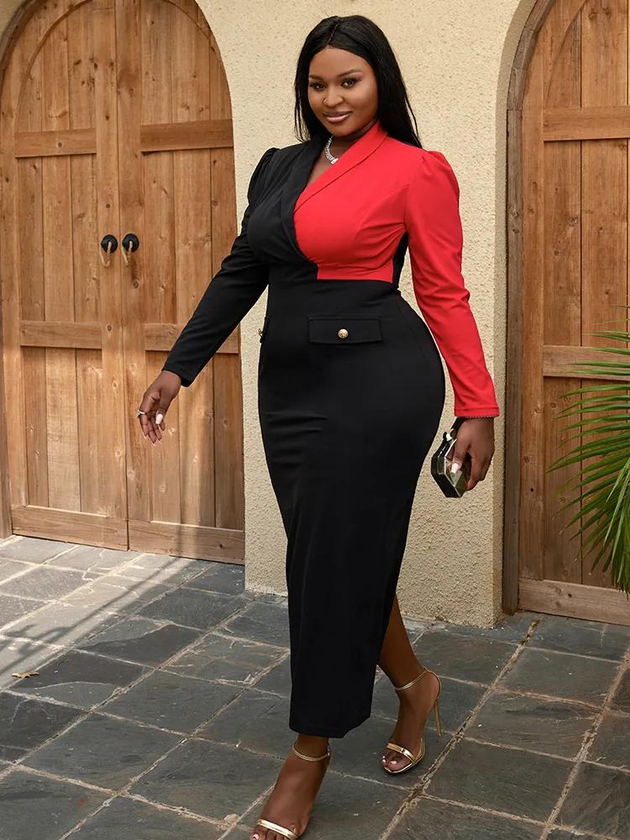 Long Dress Women Red Black Patchwork Elegant Classy V Neck Long Sleeve Button Bodycon Sheath Office Ladies African Fashion