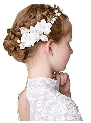 Princess Wedding Headpiece, Pearl Crystal Gold Leaf White Flowers Headwear for Wedding Tiara Flower Headband Accessories for Girl-Suitable for Shows, Wedding, Children' Day