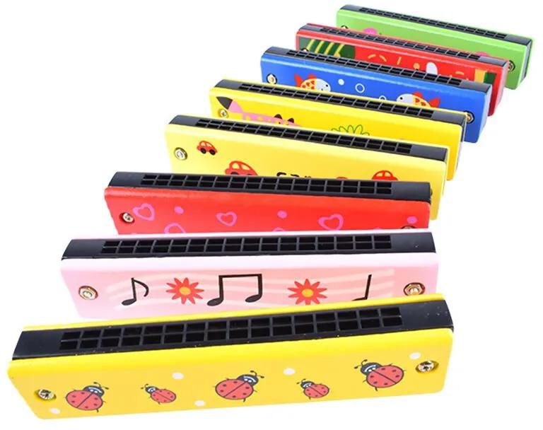 16 Holes Children Harmonica Wooden Double Row Blowable Harmonica Cute Cartoon Pattern Beginner Kids Musical Educational Toys