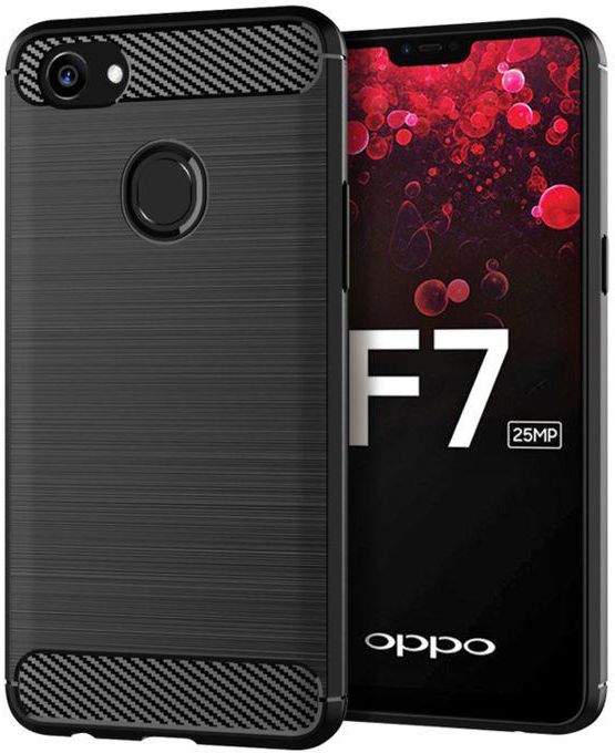 جراب هاتف Oppo F7 مصنوع من ألياف الكربون المصقول - مضاد للانزلاق وممتص الصدمات - أسود