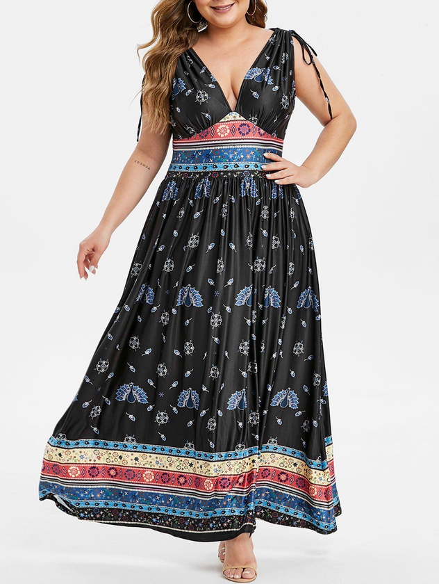 Plus Size Flower Peacock Print Plunging Cinched Maxi Dress - 4x