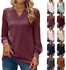 Women Autumn V-Neck Lace Waffle Splicing Long Sleeve V-Neck T-Shirt Top