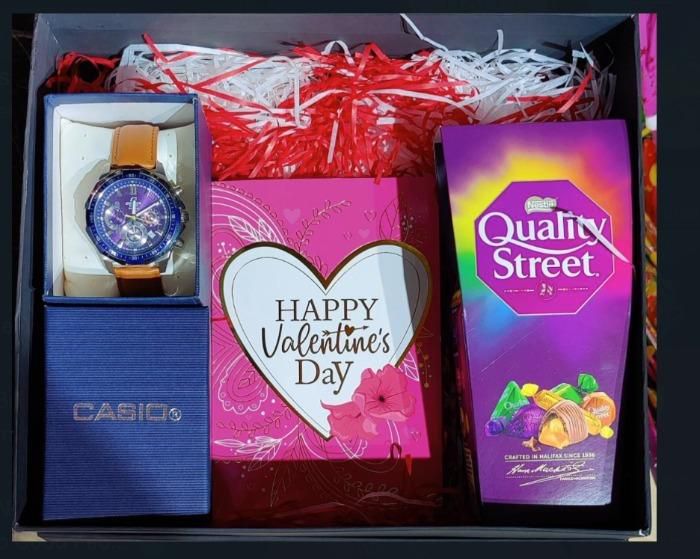 Quality Street Assorted Chocolate Box 265g , Valentine Card & Casio Edifice Analog Blue Dial Men's Watch-EFR-546L-2AVUDF (EX250) Set