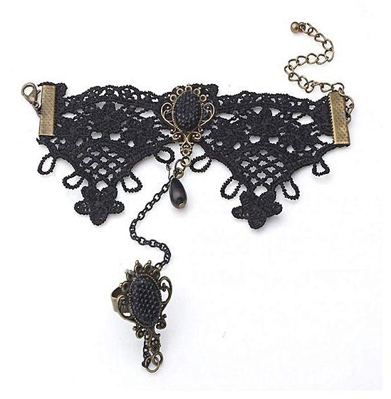 Magideal Retro Victorian Gothic Black Lace Bracelet Linked Ring Lolita Party Costume