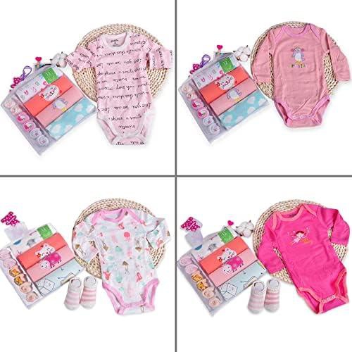 HALAYAYA Newborn Baby Girls Clothes Accessories Set 4 long-sleeved bodysuits and 3 pairs of socks Baby Gifts Set Random Color(girl(0-3 month))