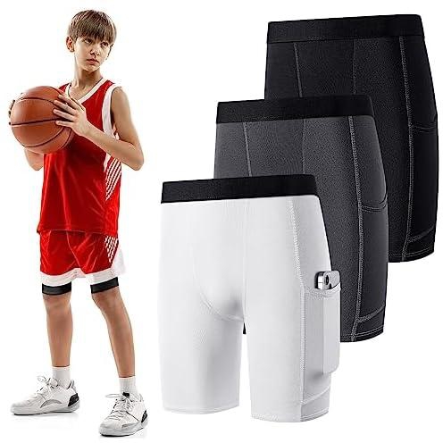 Compression Shorts, Youth Boys With Side Pockets Performance Base Layers Athletic Underwear Workout Training for Boys Kids Basketball Baseball Soccer Gym Activewear, 3 Colormedium Size(3 Pack)