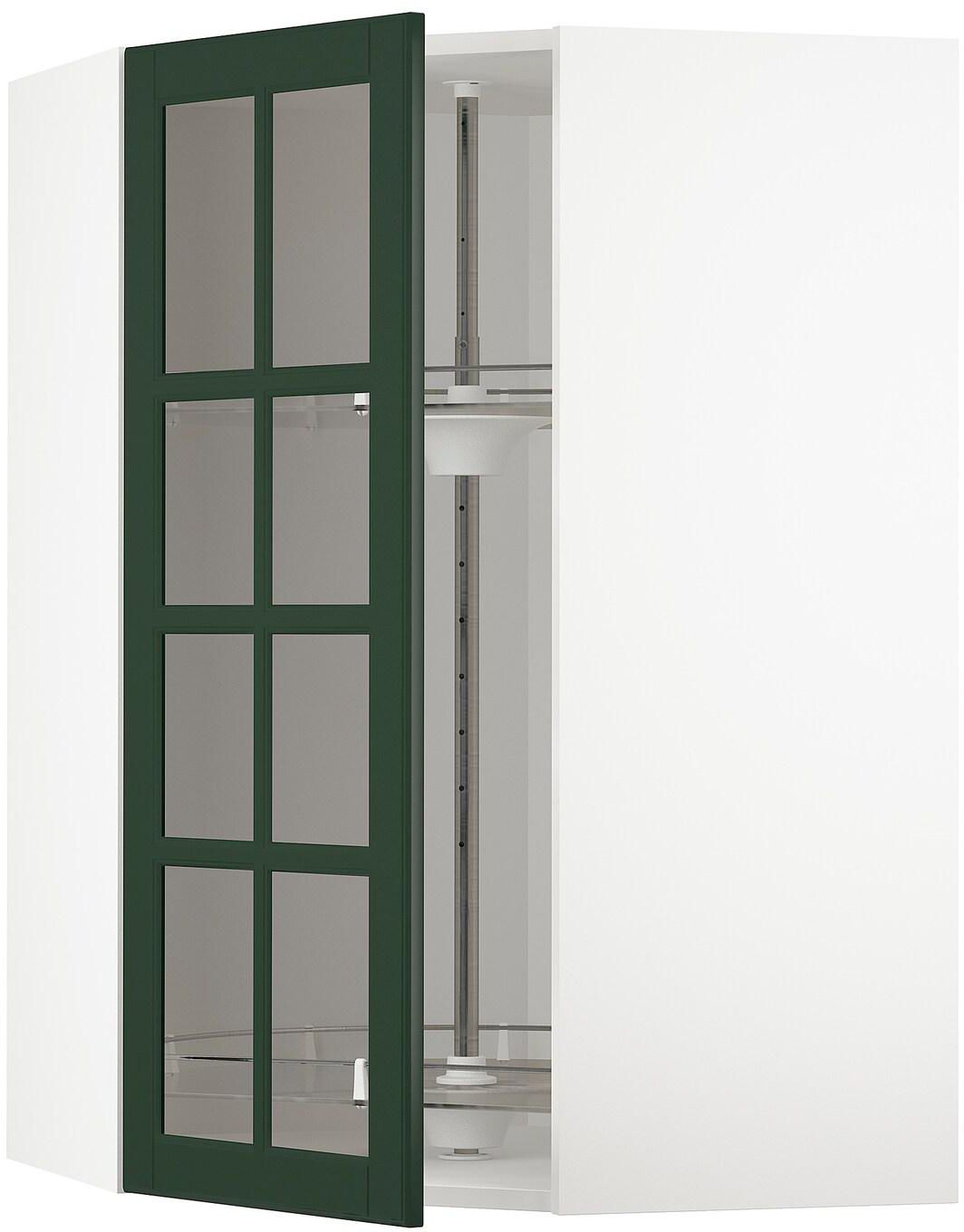 METOD Corner wall cab w carousel/glass dr, white, Bodbyn dark green, 68x100 cm