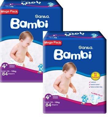 Baby Diapers Sanita Bambi Large,size 4, Plus Mega 2x84 Diapers