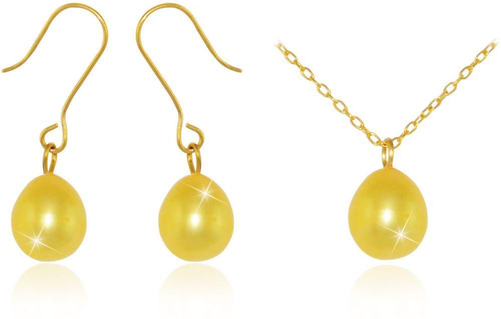 Vera Perla 18K Gold 7mm Golden Drop Pearl Delicate Jewelry Set, 2 Pieces