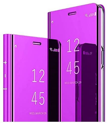 Jeelar NEINEI Case for Samsung Galaxy M52 5G,Flip Plating Mirror Case with Stand Function,PC/PU Translucent Clear View ShockProof Phone Protective Case Cover,Purple